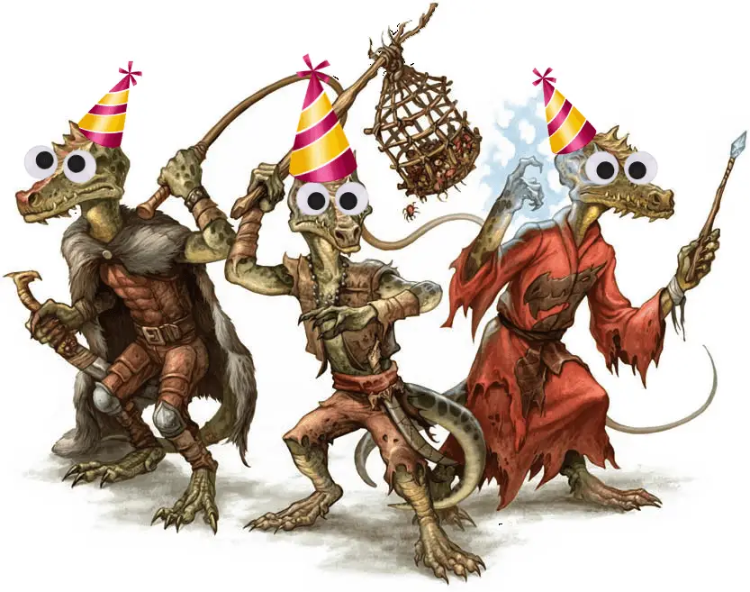 kobold surprise party wearing party hats and googly eyes