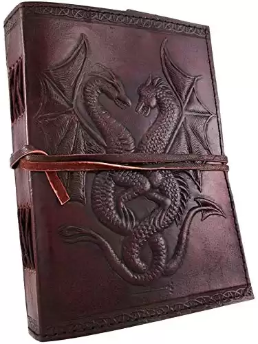 DOUBLE DRAGON Blank Page Handcrafted Leather Writing Unlined 5 x 7 JOURNAL (Brown)